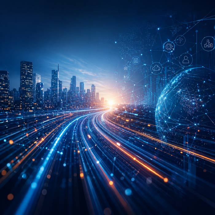 Futuristische digitale Stadtlandschaft mit Datenströmen, globalem Netzwerk und Technologie-Symbolen als Visualisierung für IT 2030 und digitale Transformation.