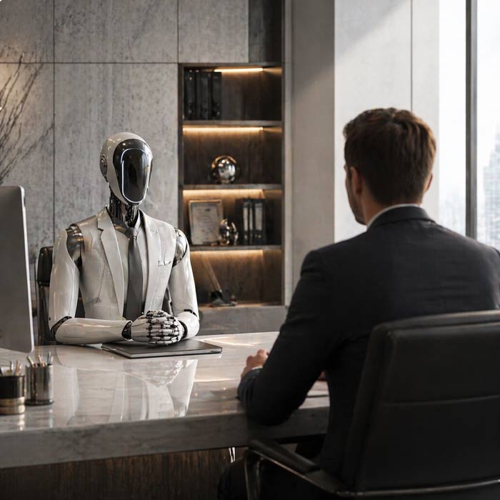 CV Screening mit KI: Roboter führt Bewerbungsgespräch mit Kandidat im modernen Büro