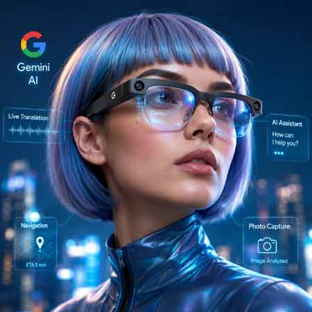 Futuristische junge Frau mit KI Smart Glasses und integrierter Gemini KI in urbaner Hightech Umgebung