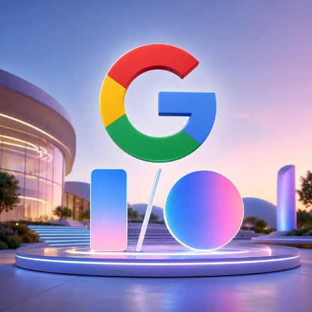 Google I/O 2026 futuristische KI Konferenz mit Google Logo und moderner Technologie Atmosphäre