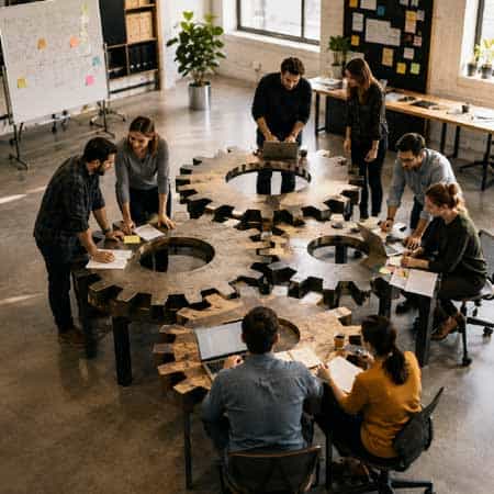 Menschen arbeiten gemeinsam an ineinandergreifenden Zahnrädern als Symbol für Wertstrom und strategische Zusammenarbeit in Unternehmen