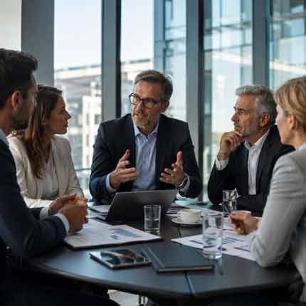 CTO und Geschäftsmanagement besprechen gemeinsam die IT Strategie 2027 in einem modernen Unternehmensmeeting