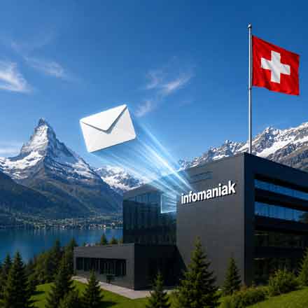 Infomaniak Firmengebäude in Schweizer Alpenlandschaft mit fliegender E-Mail als Symbol für Kundenkommunikation und digitale Souveränität