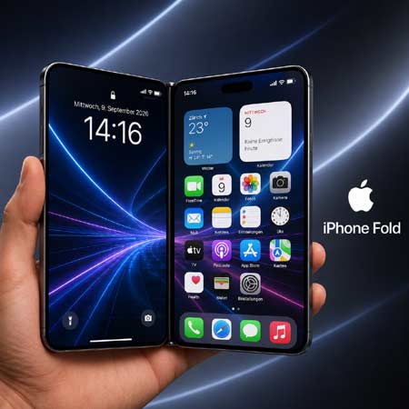 Faltbares iPhone Fold 2026 Konzept in Hand mit dualem Bildschirm und futuristischem Apple Design