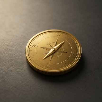 Goldene Münze in Form eines Kompasses als Symbol für strategische Investitionssteuerung und Portfoliomanagement