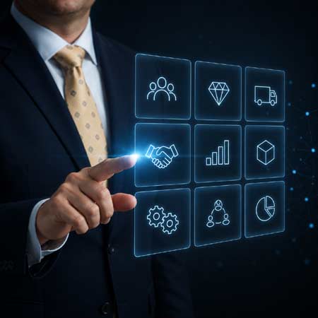 Digitales Business Model Canvas mit holografischer Steuerung durch einen CIO oder CTO in futuristischer Umgebung