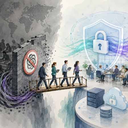Karikatur über Shadow AI 2027 mit blockierter KI Nutzung und sicher integrierter Unternehmens KI innerhalb geschützter Arbeitsumgebungen