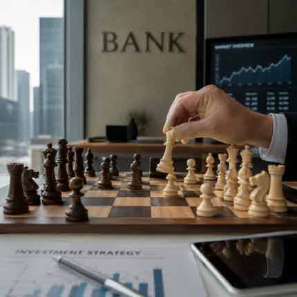 Strategische Schachpartie im modernen Bankenumfeld als Symbol für Business Strategie 2027 und silo freie IT