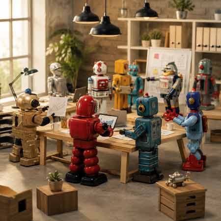 Retro Roboter arbeiten gemeinsam an KI Agenten und Automatisierung in einem modernen Büro